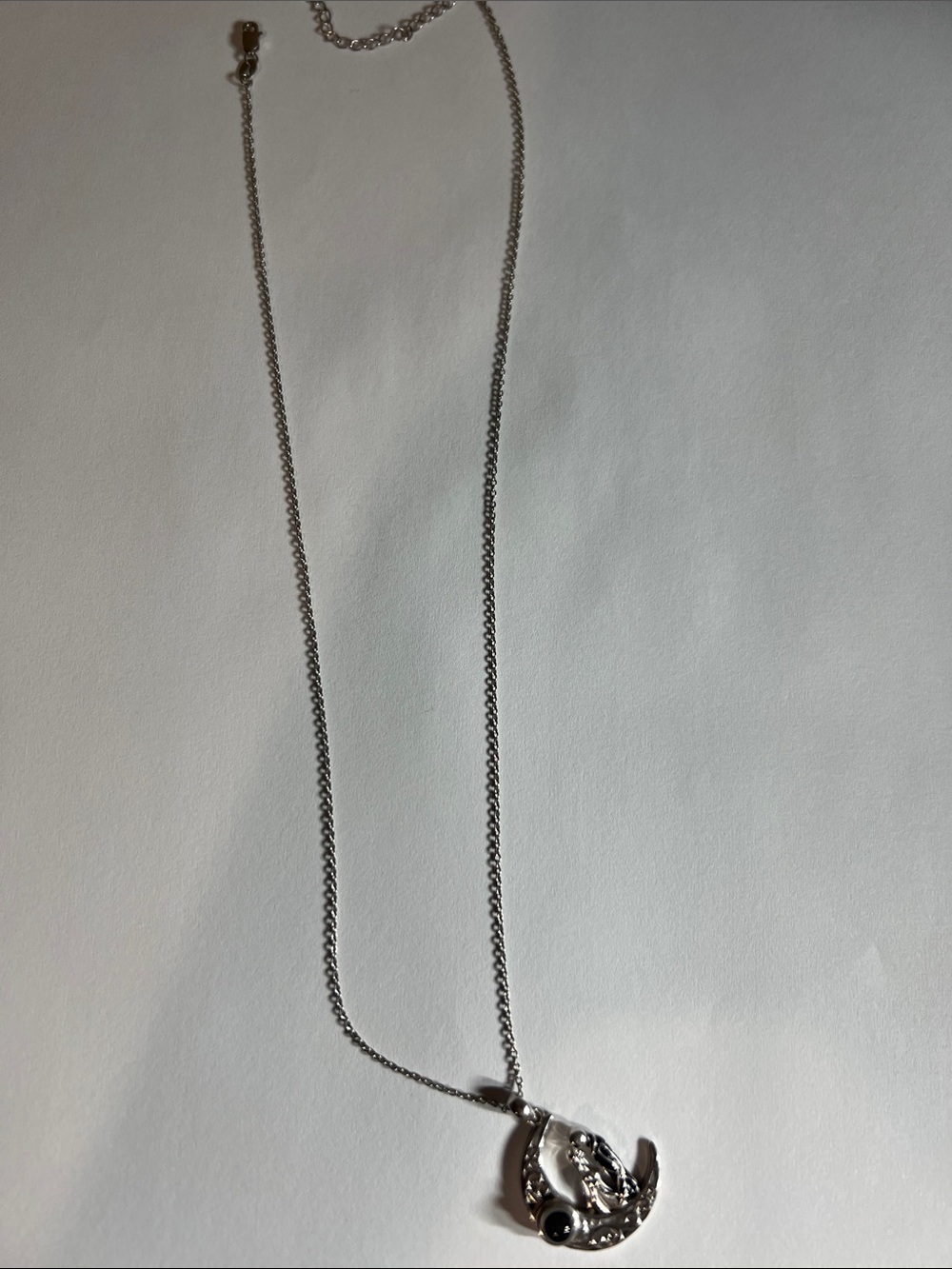Silver Crescent Moon Pendant Necklace with Black Stone